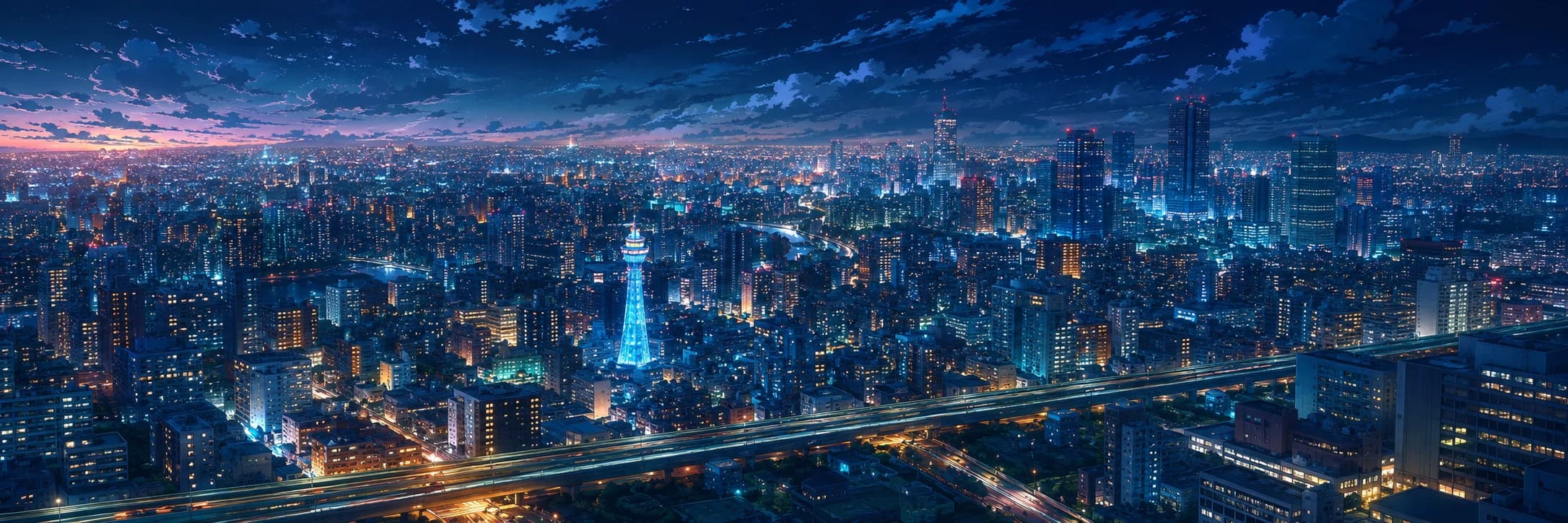 大阪夜色插画:从高处俯瞰的城市夜景,霓虹楼群与高架路灯带向远方延伸,中景一座点亮的观光塔